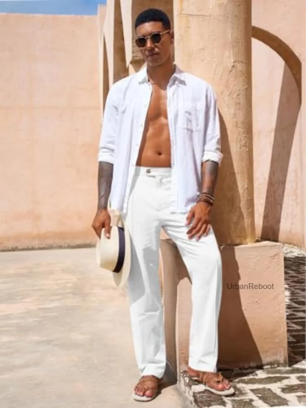 Mens Cotton Linen Casual Pants Elastic Waist Trousers Pleated Loose Fit